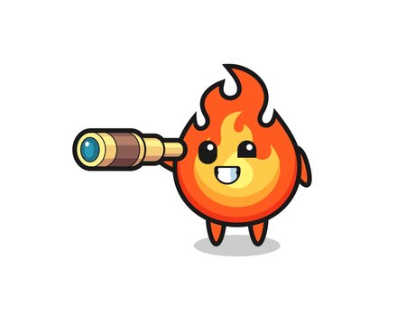 cute fire character is holding an old telescope