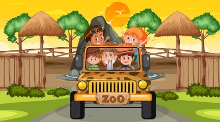 Möbelaufkleber Zoo at sunset time scene with many kids in a jeep car © brgfx