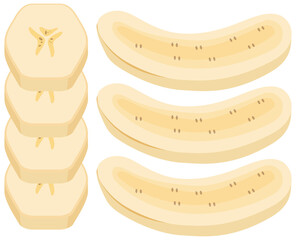 Set of banana cut in half