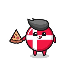 cute denmark flag badge cartoon eating pizza