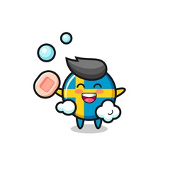 sweden flag badge character is bathing while holding soap