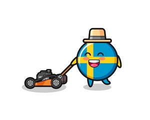 illustration of the sweden flag badge character using lawn mower