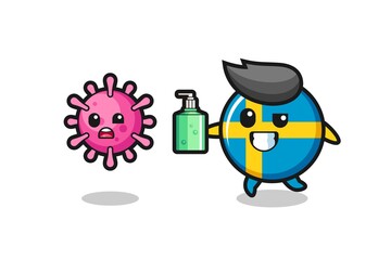 illustration of sweden flag badge character chasing evil virus with hand sanitizer