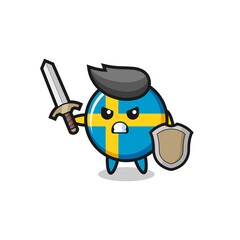 cute sweden flag badge soldier fighting with sword and shield