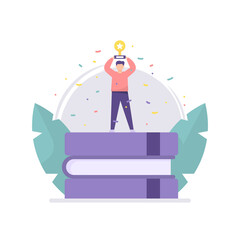 illustration of a male student standing on a book and holding up a trophy. get first place. award concept, champion, winner, successful person. happy person. flat cartoon style. vector design