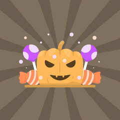 jack o lantern pumpkin head illustration, candy, lollipop. happy halloween concept. trick or treat. flat cartoon style. vector element design