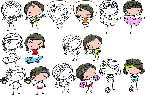 play Guitar, tennis, hula hoop, skipping rope, skateboarding, cheerleading, dancing, soccer girl cartoon series