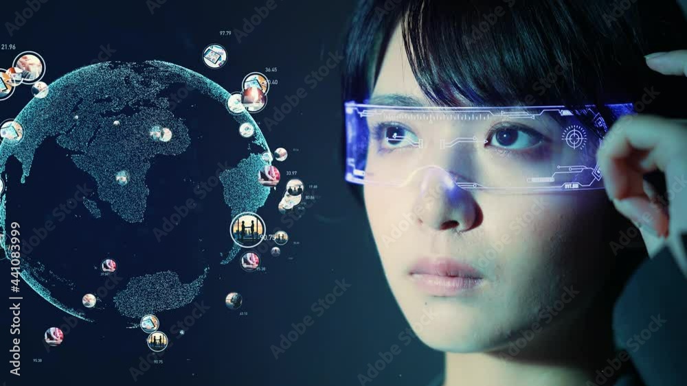 Poster スマートグラスで立体映像の地球を見る女性　グローバルネットワーク