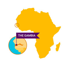 The Gambia on an Africa s map with word The Gambia on a flag-shaped marker. Vector isolated on white.