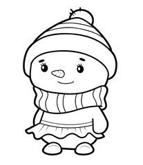 Christmas coloring book or page. Snowman black and white vector illustration