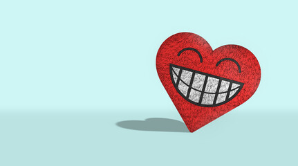 Cheerful smiley Heart face Made by cotton texture in Blue background. 3D rendering, copy Space   