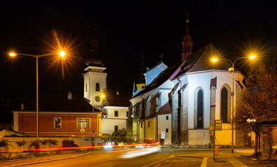 Night view of Roman Catholic Church of Assumption of Blessed Virgin Mary in Mlada Boleslav in historical center of Mlada Boleslav city, Czech Republic..