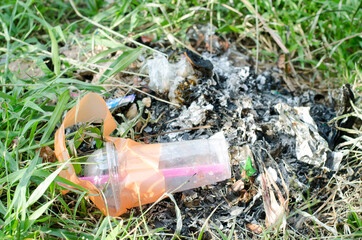 Plastic water glasses discarded at the incinerator.