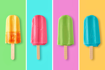 Collage with colorful ice cream on color background. Fresh frozen ice popsicle with copy space. Creative summer background