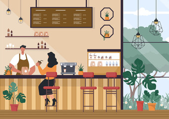 Cafe Illustration With View of People Sitting, Drinking Coffee, Working On Laptop, Chatting and Barista Standing At The Counter