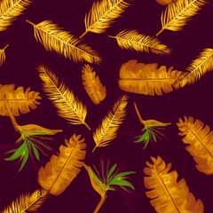 Autumn Pattern Nature. Indigo Tropical Nature. Golden Floral Painting. Yellow Flora Illustration. Beige Decoration Background. Violet Wallpaper Palm. Spring Textile.