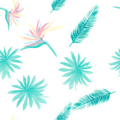 Fototapeta na wymiar Blue Pattern Texture. Indigo Seamless Nature. White Tropical Exotic. Azure Flower Leaf. Cobalt Floral Plant. Wallpaper Botanical. Decoration Hibiscus.