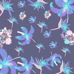 Fototapeta na wymiar Violet Pattern Palm. Cobalt Tropical Nature. Indigo Floral Botanical. Purple Flora Design. Navy Decoration Design. Blue Wallpaper Hibiscus. Coral Spring Foliage.