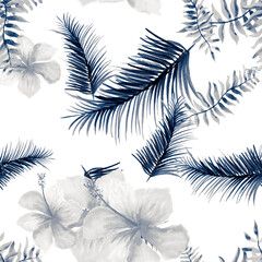 Navy Seamless Foliage. Blue Pattern Foliage. Cobalt Tropical Leaves. Indigo Spring Illustration. Gray Decoration Botanical. Drawing Botanical. Watercolor Vintage.