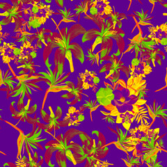 Fototapeta na wymiar Purple Pattern Foliage. Lavender Seamless Illustration. Violet Tropical Botanical. Yellow Flower Nature. Plum Decoration Background. Spring Botanical. Garden Texture.