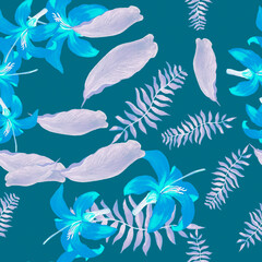 Fototapeta na wymiar Navy Tropical Plant. Lavender Seamless Vintage. Purple Pattern Leaf. Blue Floral Plant. Azure Flower Art. Indigo Decoration Design. Drawing Palm.