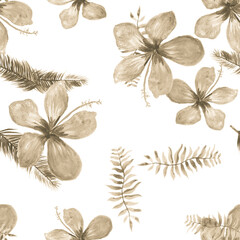 White Seamless Texture. Brown Pattern Textile. Gray Tropical Illustration .Flower Illustration. Drawing Textile. Flora Hibiscus. Wallpaper Nature. Spring Leaf.
