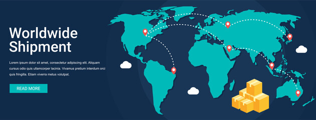 Worldwide shipment vector illustration banner concept in flat style. Suitable for web banners, social media, postcard, presentation and many more.