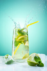 Refreshing mojito with ice. Bright mojito with mint. Refreshing cool drink. Beautiful splash over the glass.