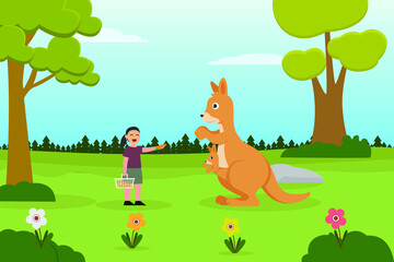 Vacation vector concept: Little boy feeding food to kangaroo in the zoo while enjoying leisure time 