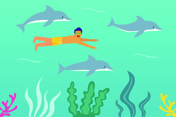 Vacation vector concept: Young man diving under the sea with fish while wearing swimwear