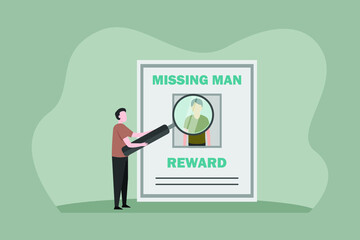 Missing people vector concept: Young man looking at missing man poster while using magnifying glass 
