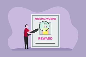 Missing people vector concept: Young man looking at missing woman poster while using magnifying glass