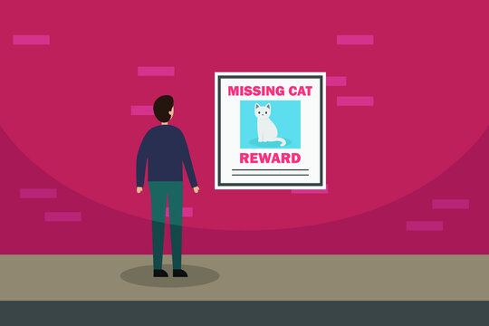 Missing pets vector concept: Young man looking at missing cat poster on the wall while standing in the street