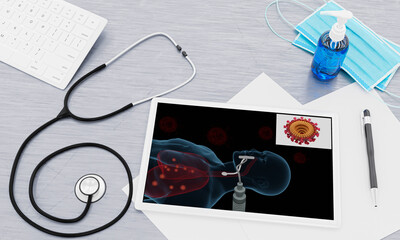 black blank screen tablet Some on the doctor's desk. Heart headphones placed on a table with a small keyboard. Hand wash alcohol and medical mask for preventing covid-19. 3D rendering