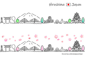 春の広島の街並みのシンプル線画セット