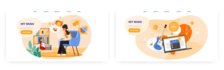 NFT music landing page design, website banner vector template set.