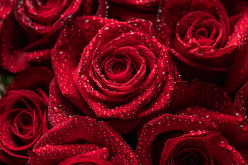 Beautiful red roses with waterdrops. Selective focus. Shallow depth of field.
