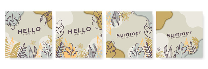 Vector set of earth tone social media post and stories design templates, backgrounds with copy space for text - summer landscape. Summer background with leaves and waves