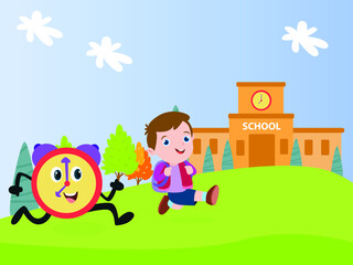 Education vector concept. Little boy in hurry going to school chased by time