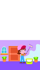 Cartoon of happy little girl painting wall with roller at home