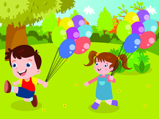 Cheerful children running at the park while holding colorful balloons