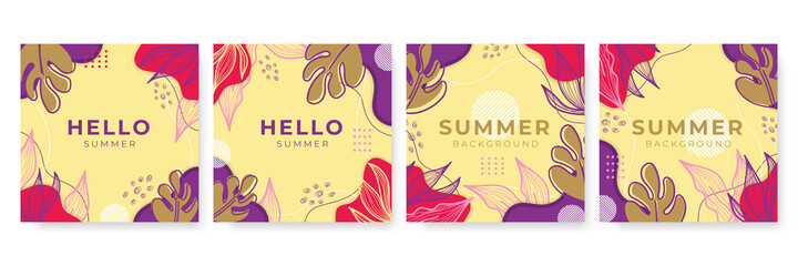 Vector set of colorful social media post and stories design templates, backgrounds with copy space for text - summer landscape. Summer background with leaves and waves