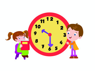 Education vector concept. Children learn about time while reading book
