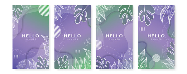 Vector set of colorful social media post and stories design templates, backgrounds with copy space for text - summer landscape. Summer background with leaves and waves