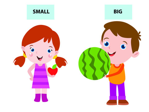 Opposite vector concept. Boy and girl learn opposite adjective word by comparing size of apple and watermelon