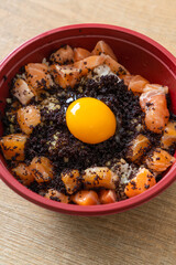 Japanese Rice with Fresh Salmon Raw, Tobiko and Egg (Salmon Don)
