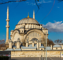 Fototapeta na wymiar Turkish Nuruosmaniye Camii mosque on a sunny day, Istanbul, Turkey