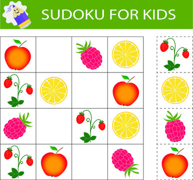 Sudoku for kids. Logical thinking training. Activity page with pictures. Puzzle game. 