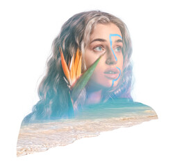 Double exposure of beautiful young woman with painted face and sea on white background