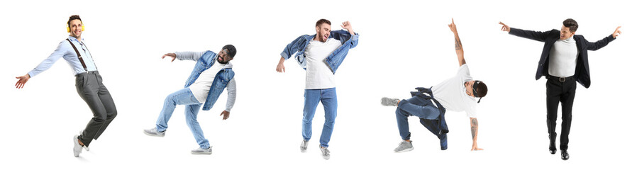Handsome men dancing against white background
